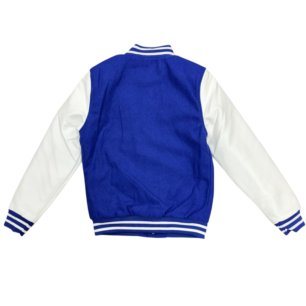 REBEL MINDS Royal White Bomber Varsity Jacket by Rebel Minds