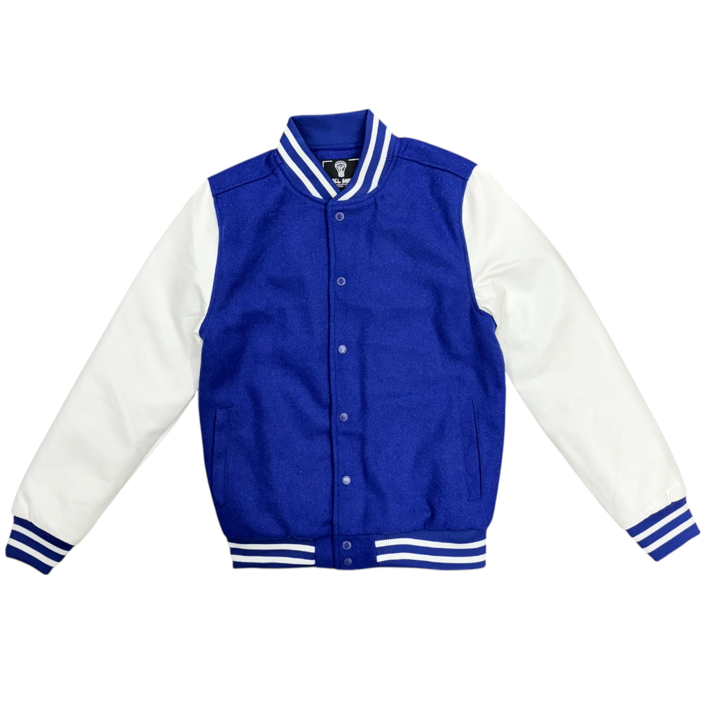 REBEL MINDS Royal White Bomber Varsity Jacket by Rebel Minds
