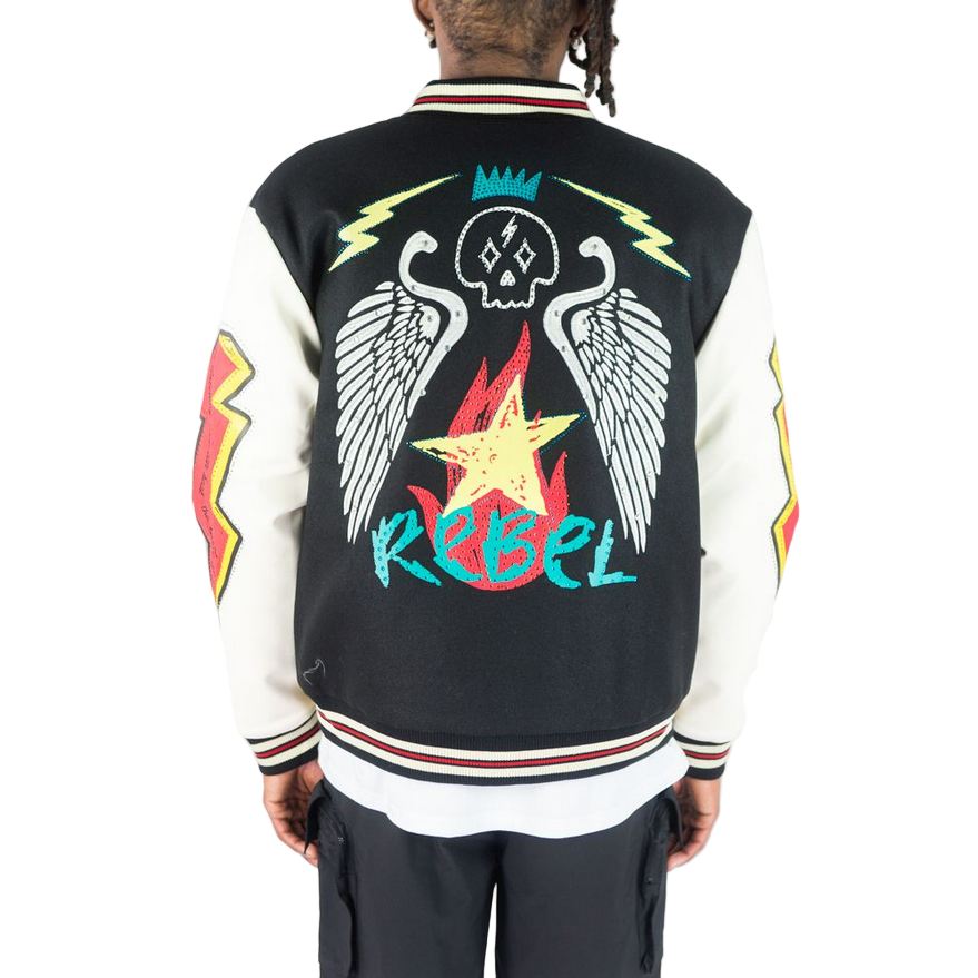 REBEL MINDS RHINESTONE VARSITY JACKET by Rebel Minds