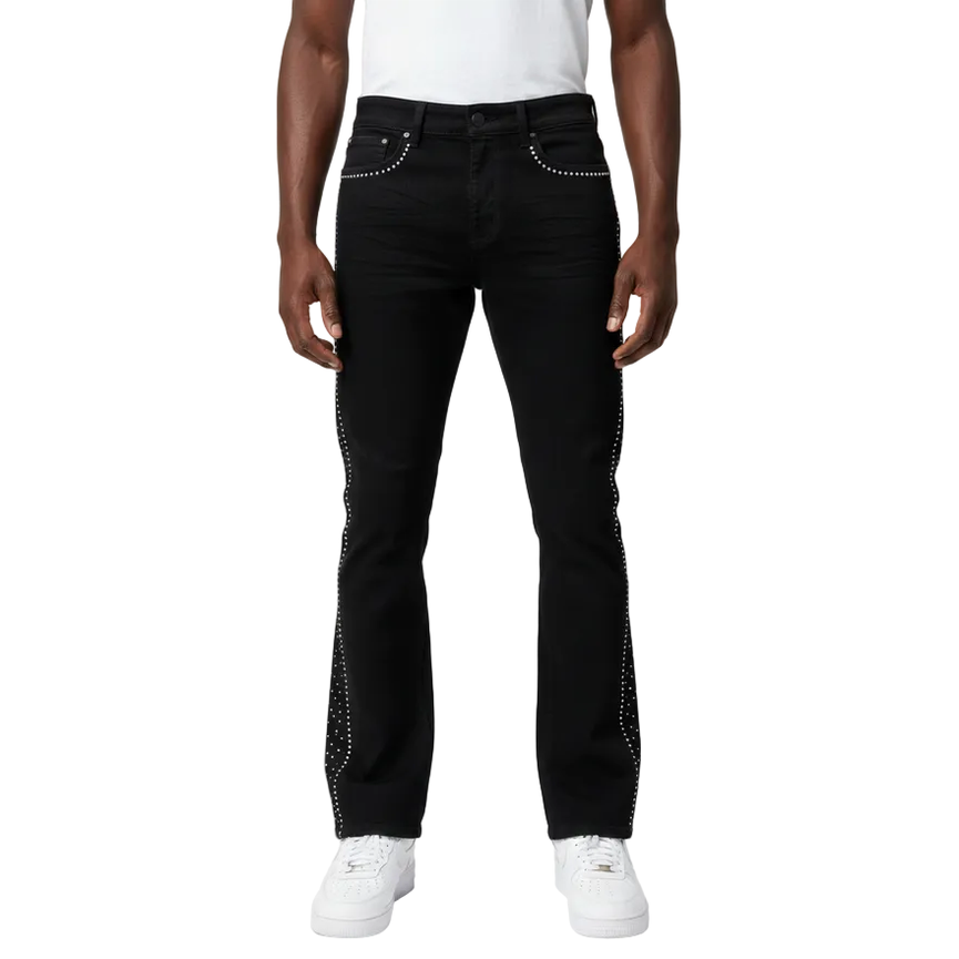 BLACK LIGHT RHINESTONES ZIPPER FLARE FIT DENIM by Black Light