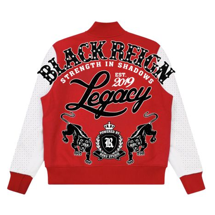 ROKU BLACK REIGN RHINESTONE VARSITY JACKET by ROKU