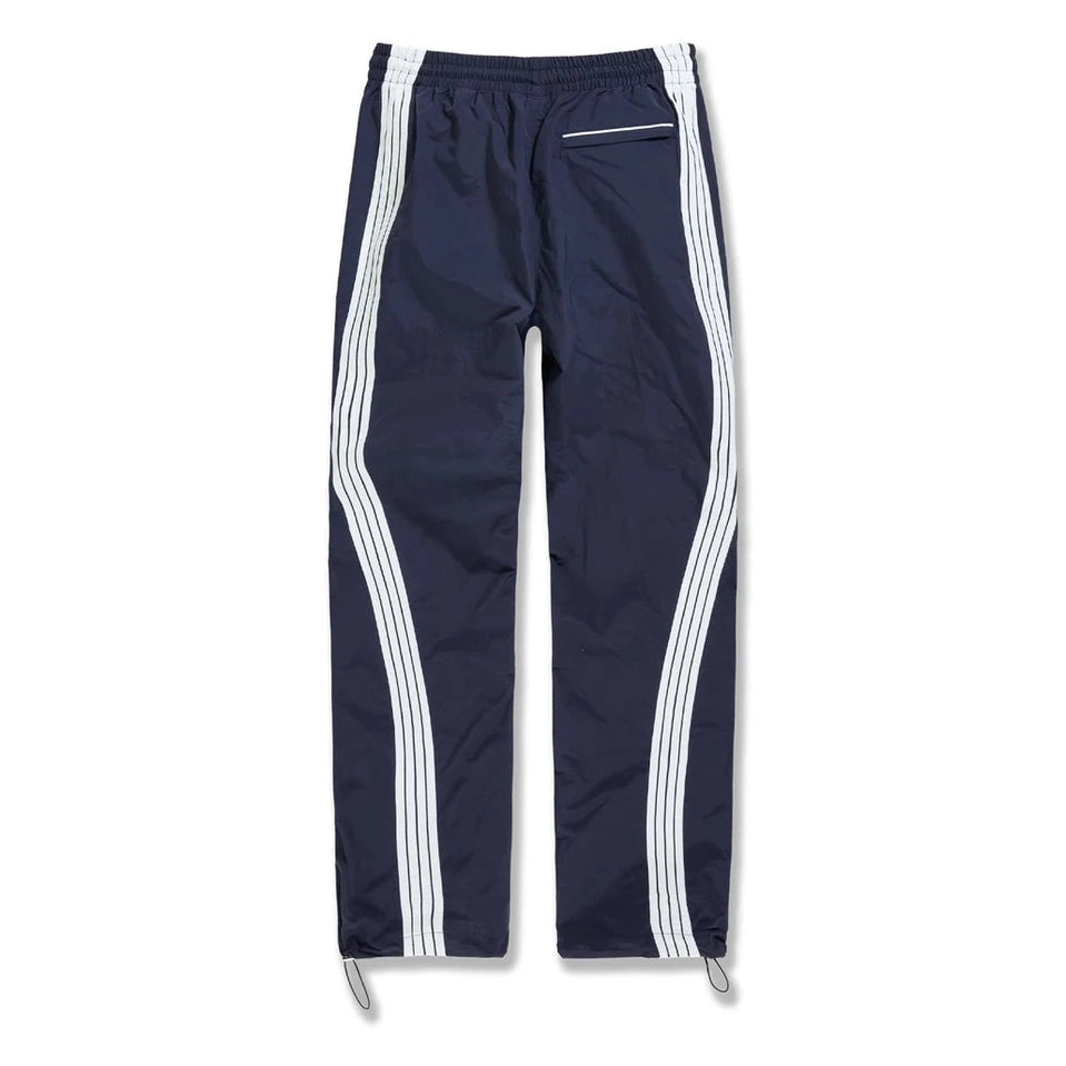 Back view of navy blue Big Mens track pants featuring white side stripes, elastic cuffs, and a water-resistant polyester fit.