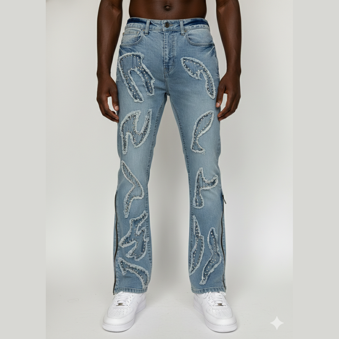 BLACK LIGHT BIG AND TALL MEN'S PATCHWORK STUD FLARE FIT JEANS
