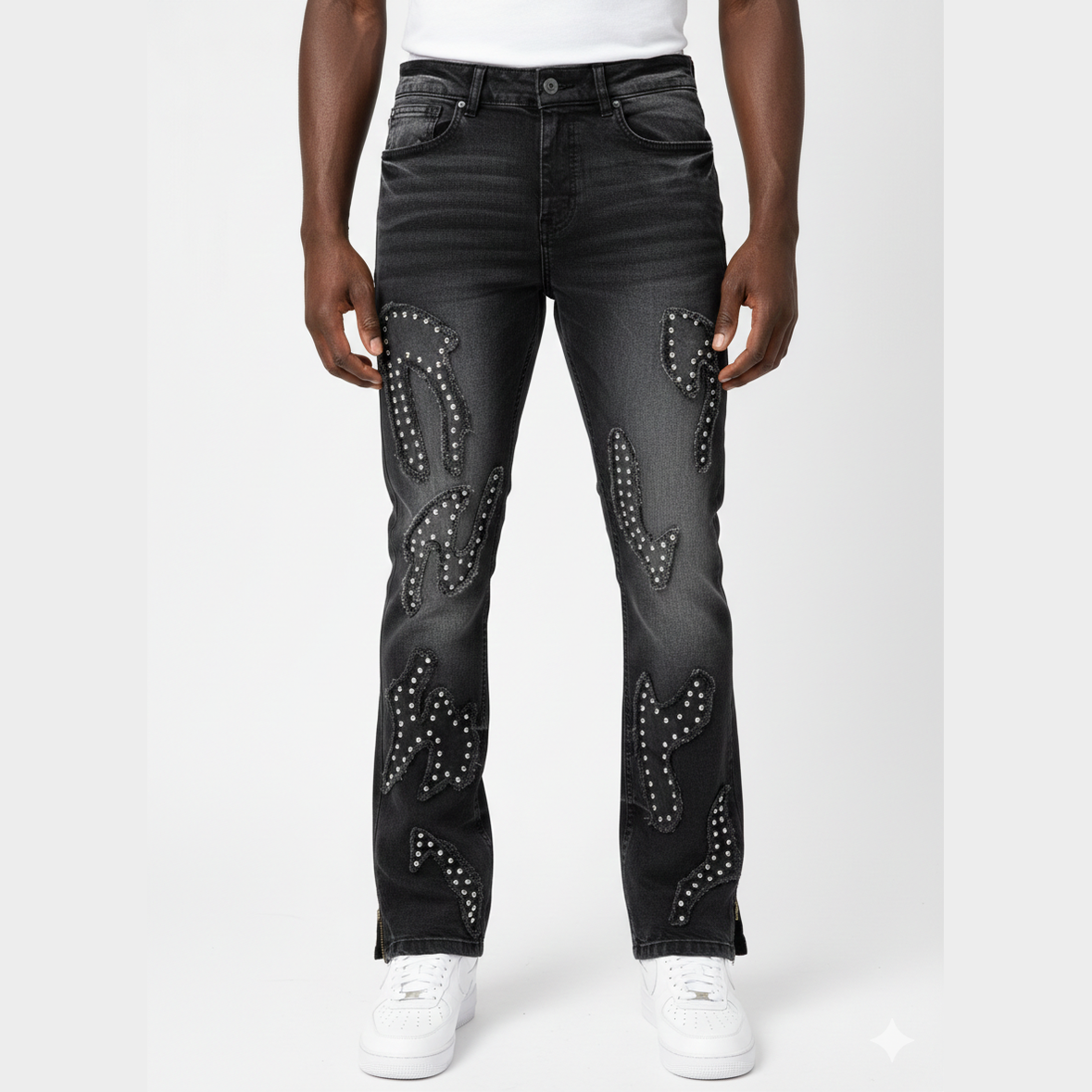 BLACK LIGHT BIG AND TALL MEN'S PATCHWORK STUD FLARE FIT JEANS