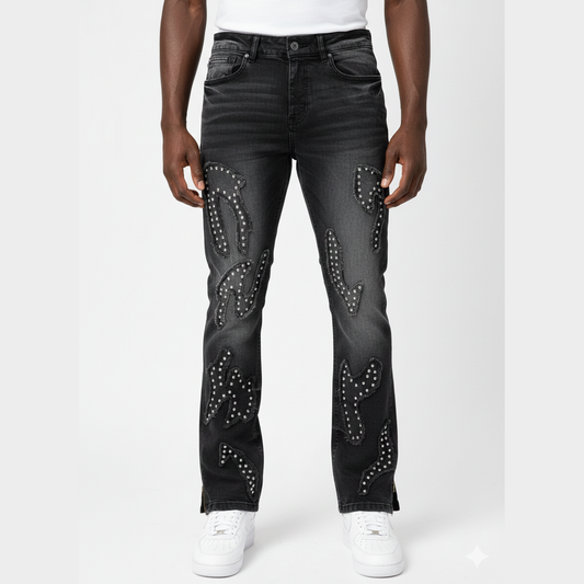 BLACK LIGHT BIG AND TALL MEN'S PATCHWORK STUD FLARE FIT JEANS by Black Light