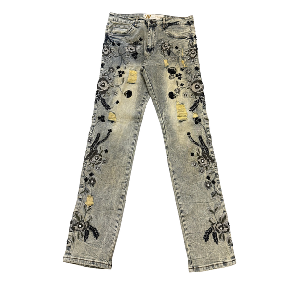 WAIMEA MENS BLACK FLOWER SLIM FIT JEANS