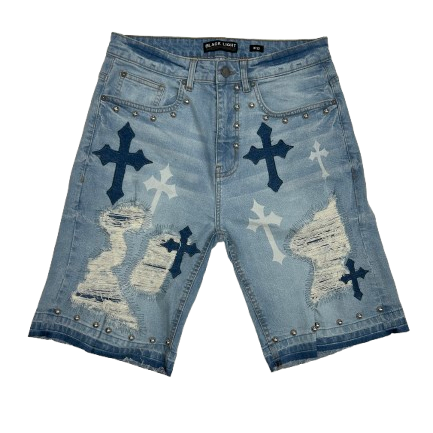 DISTRESSED CROSS DENIM SHORTS by Black Light