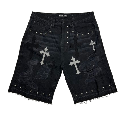 DISTRESSED CROSS DENIM SHORTS by Black Light