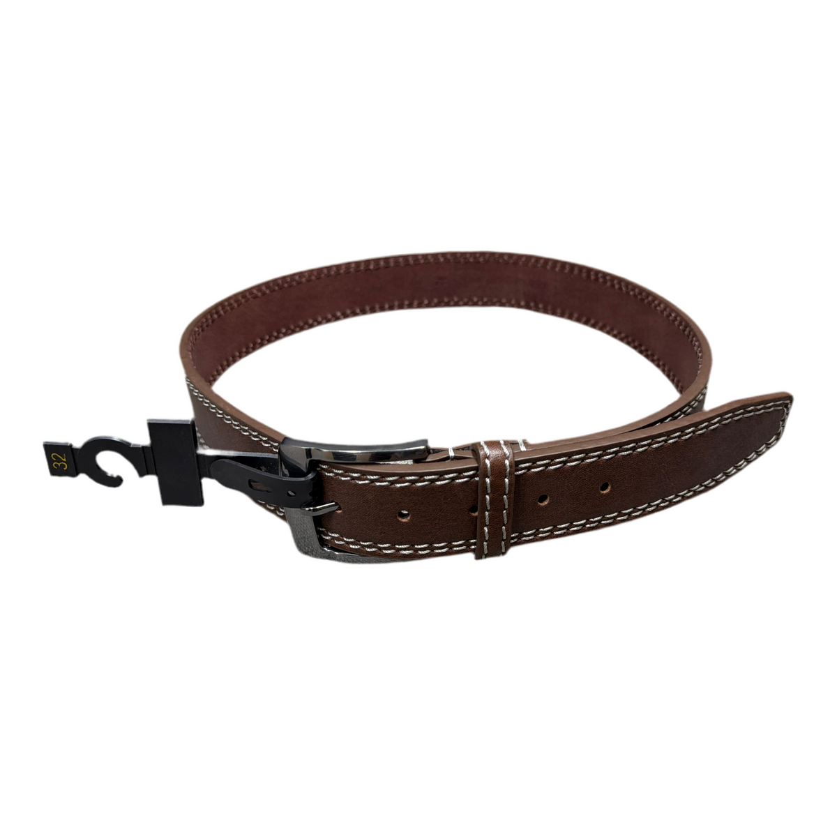 GENUINE LEATHER WHITE STITCHED BROWN BELT by BELTS