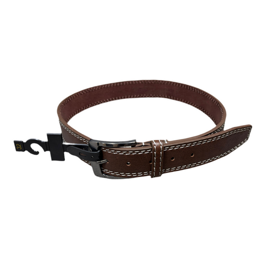 GENUINE LEATHER WHITE STITCHED BROWN BELT by BELTS