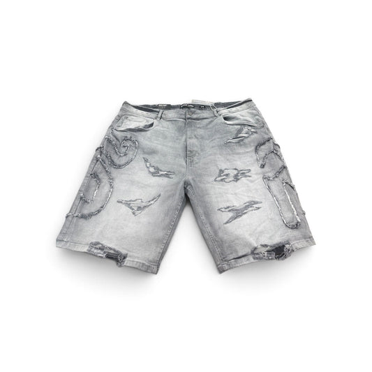 BLACK LIGHT RIPPED PATCH JORTS by Black Light