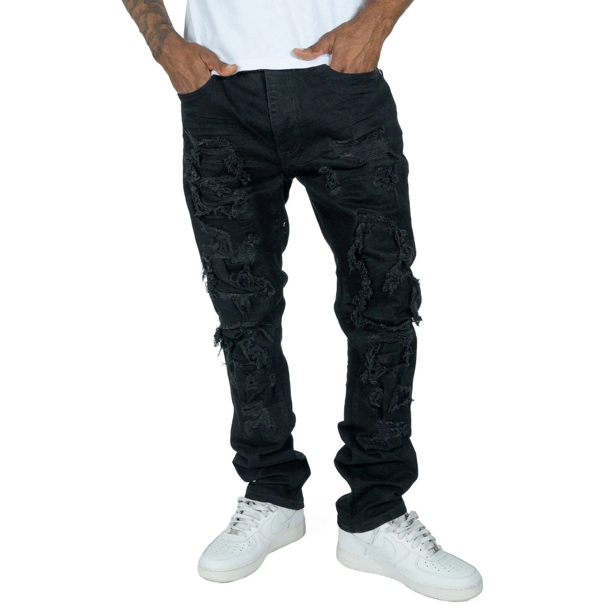 MAKOBI RIPED & REPAIR BLACK JEANS by MAKOBI
