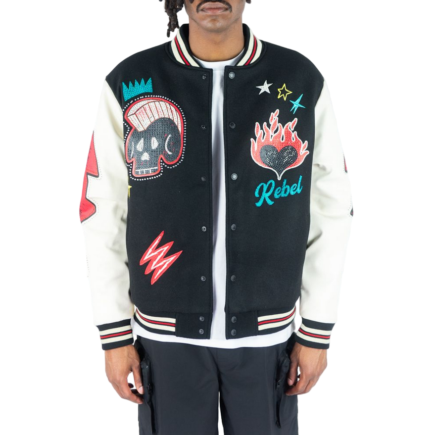 REBEL MINDS RHINESTONE VARSITY JACKET by Rebel Minds