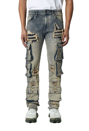 BLACK LIGHT DISTRESSED CARGO JEANS