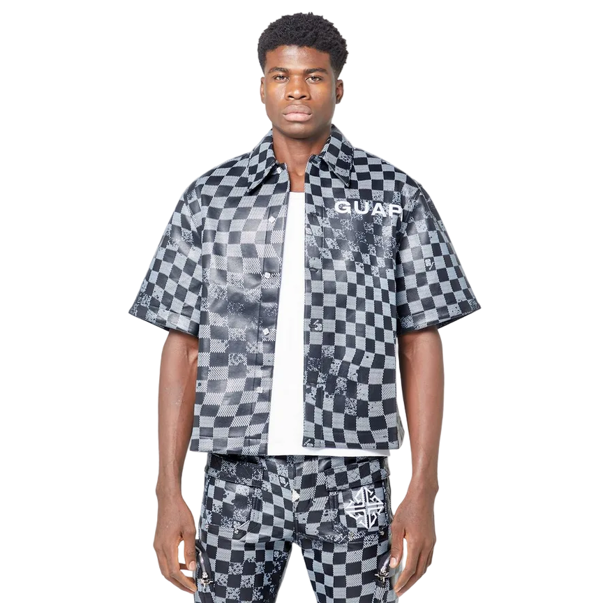 GUAPI OBSIDIAN BLACK CHECKERBOARD LEATHER SHIRT
