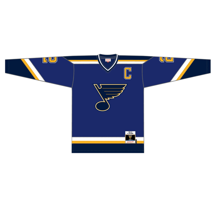 MITCHELL AND NESS 2002 AL MACINNIS BLUES JERSEY