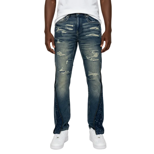 BLACK LIGHT RHINESTONES ZIPPER FLARE FIT DENIM by Black Light