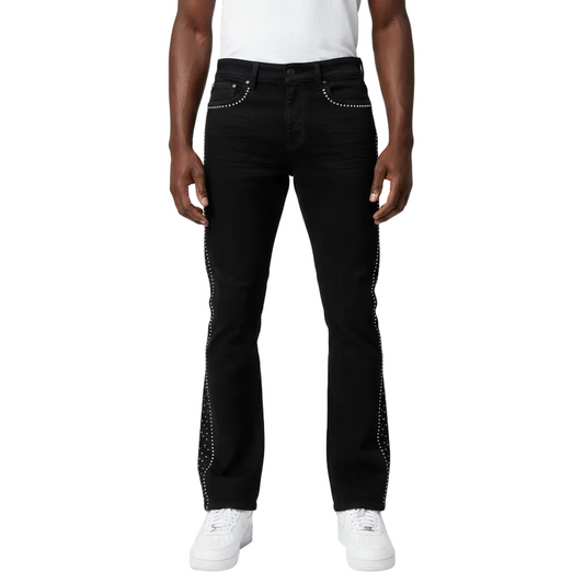 BLACK LIGHT RHINESTONES ZIPPER FLARE FIT DENIM by Black Light