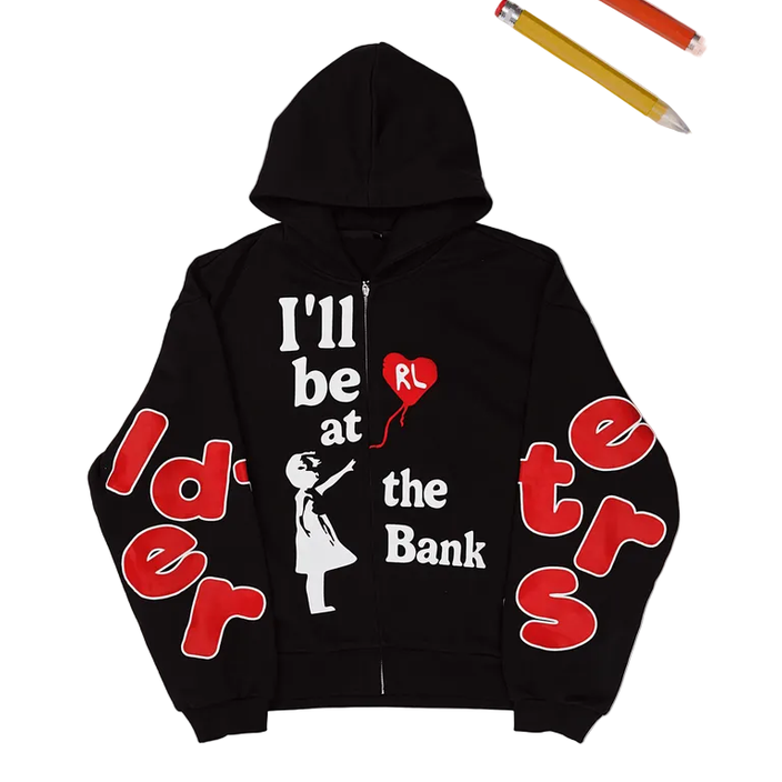 RED LETTERS I'LL BE AT THE BANK SCATTERED ZIP UP