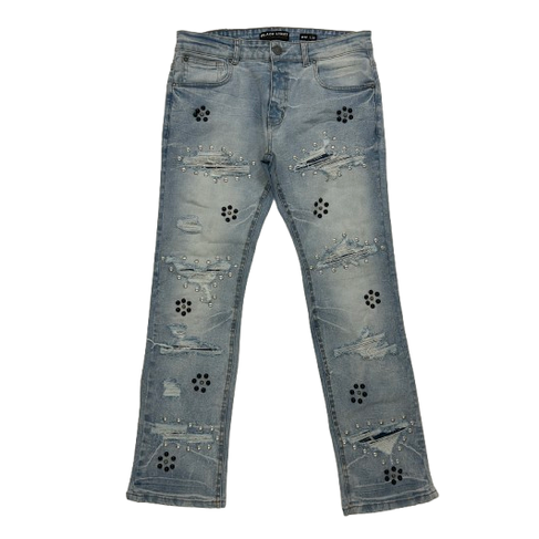 BLACK LIGHT RIPPED AND RHINESTONES STRAIGHT FIT JEANS by Black Light