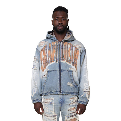 SMOKE RISE GRANDEUR PLAID DENIM HOODIE JACKET