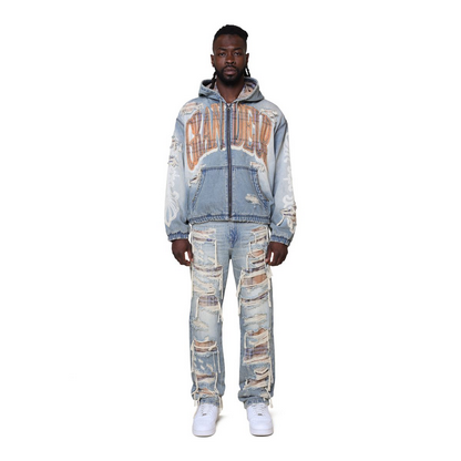SMOKE RISE GRANDEUR PLAID DENIM HOODIE JACKET