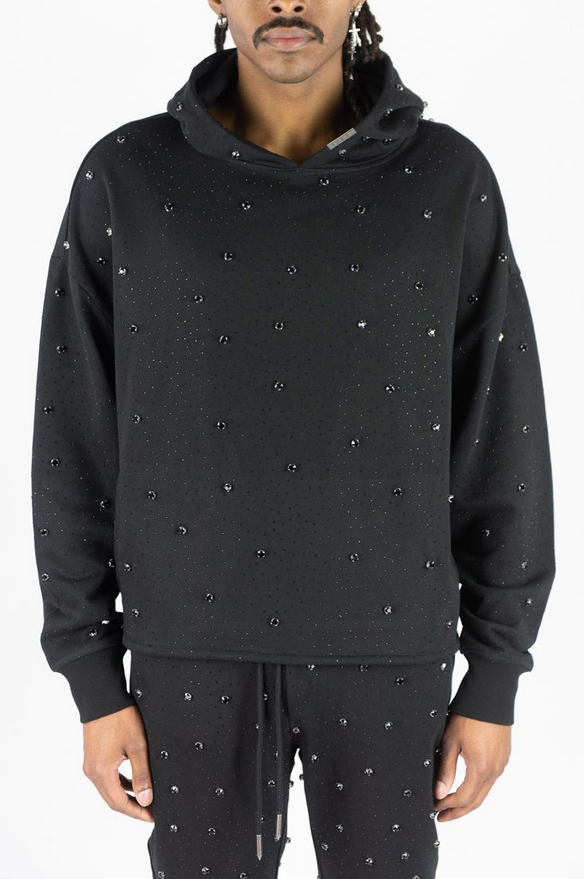 REBEL PULLOVER HOODIE GLOSS JET BLACK STONES