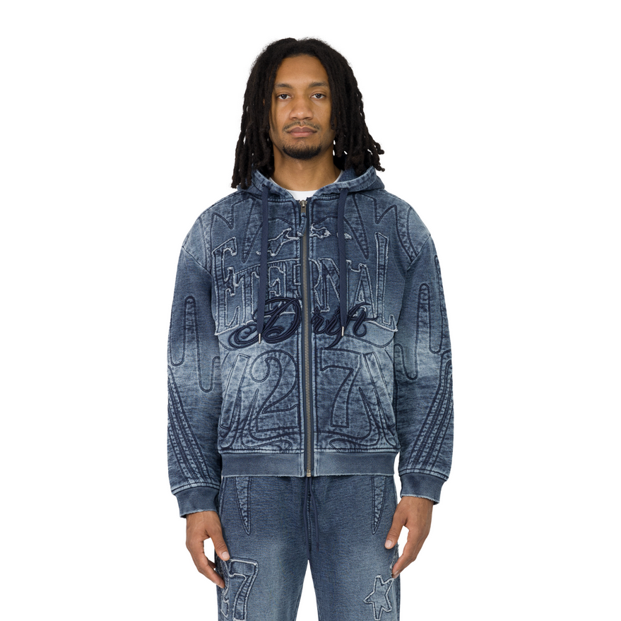 SMOKE RISE DENIM EMBOSSED FLEECE ZIP UP
