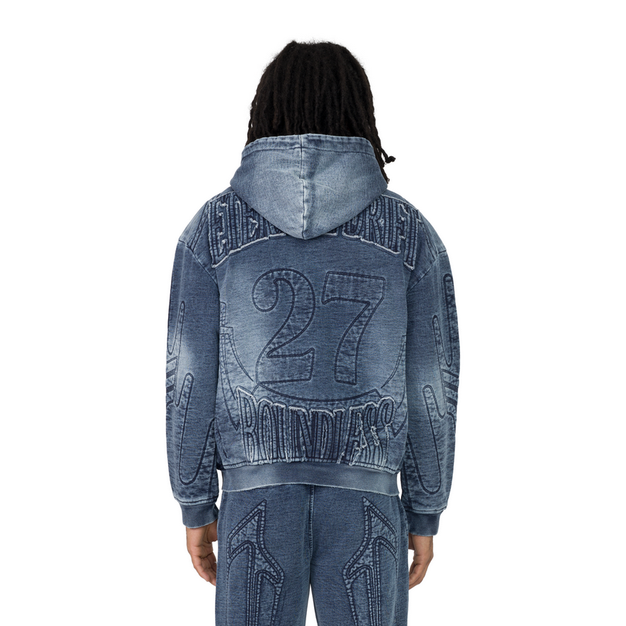 SMOKE RISE DENIM EMBOSSED FLEECE ZIP UP