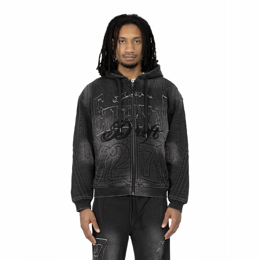 SMOKE RISE DENIM EMBOSSED FLEECE ZIP UP
