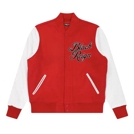 ROKU BLACK REIGN RHINESTONE VARSITY JACKET by ROKU