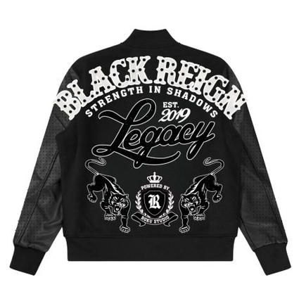 ROKU BLACK REIGN RHINESTONE VARSITY JACKET by ROKU