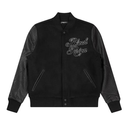 ROKU BLACK REIGN RHINESTONE VARSITY JACKET by ROKU