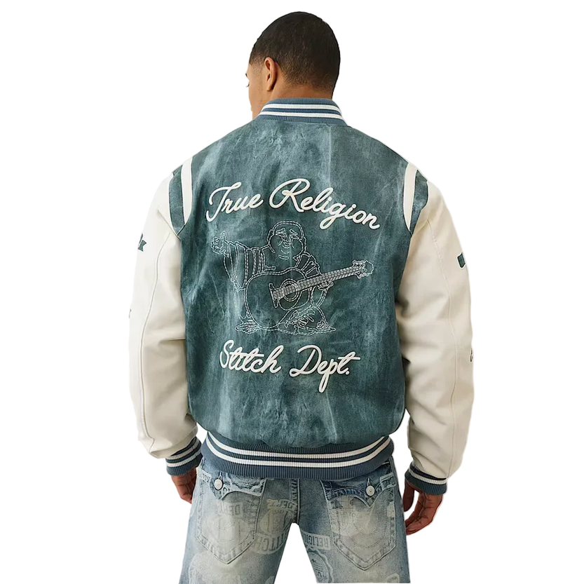 TRUE RELIGION DENIM PRINT RETRO VARSITY JACKET
