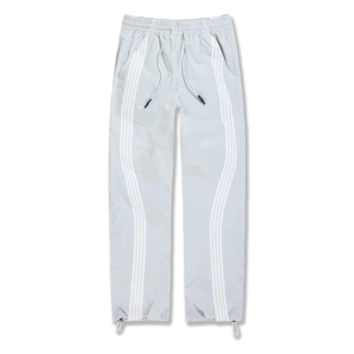 Light grey Big Men's The Beautiful Game track pants with white side stripes, drawstring waist, and water-resistant polyester fabric.