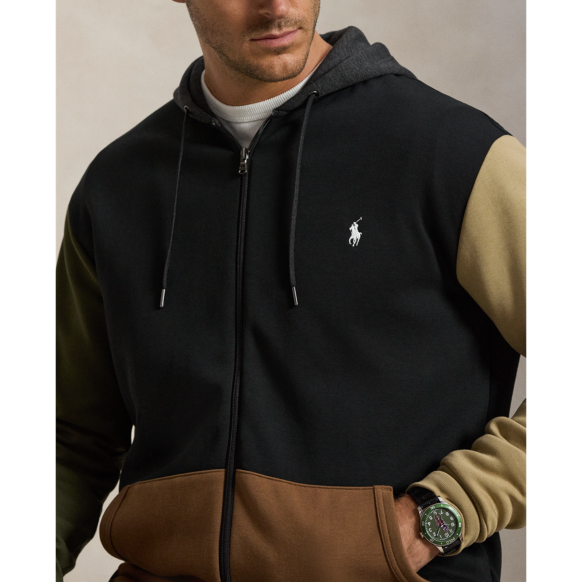 RALPH LAUREN LONG-SLEEVE DOUBLE KNIT TECH NOVELTY COLORBLOCK FULL-ZIP HOODED SWEATSHIRT by RALPH LAUREN